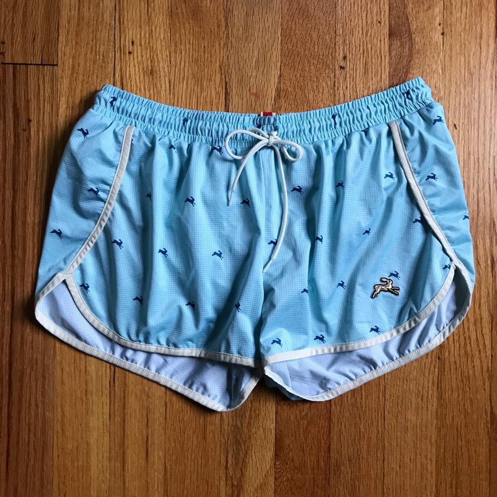 Tracksmith Vented Light Blue Logo Print Lined Running Shorts Small